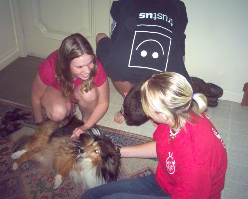 Both girls, myself being an idiot, and my dog Molly looking very confused.